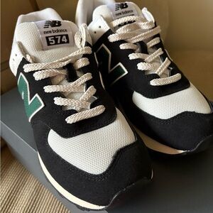 New Balance 574 Black, White, and Green Sneakers
